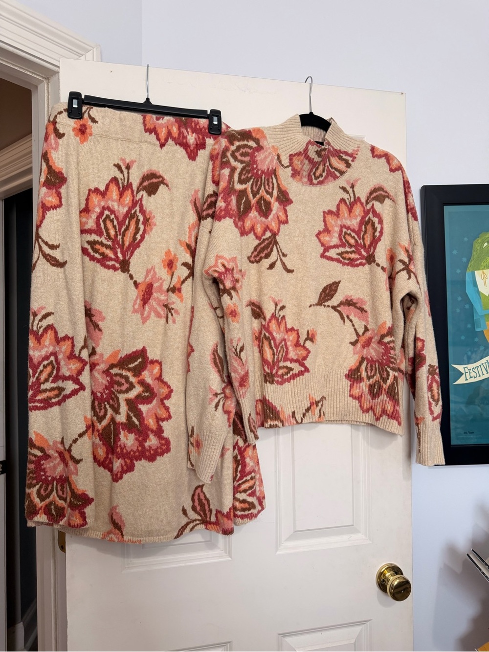 Lauren Cobrad Floral Knit Midi Skirt and Sweater Set in Beige and Pink